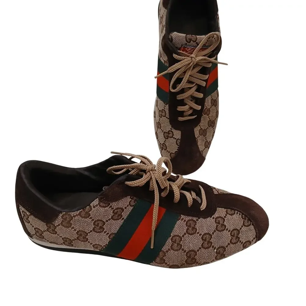 Gucci Web Detail Trainers Men 9.5 GG Canvas Suede Brown Tan Logo w‎ BOX AND Card